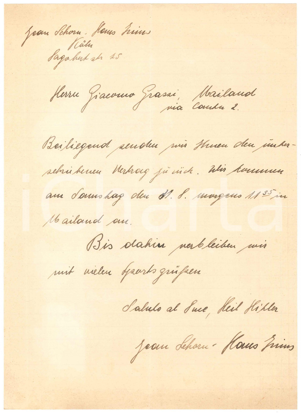 Autografo originale 1940 ca CICLISMO Lettera Jean SCHORN Hans ZIMS per ingaggio  AUTOGRAFI 1