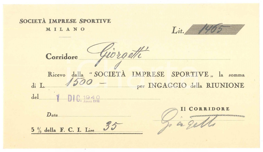 Autografo originale 1940 CICLISMO MILANO Ricevuta Franco GIORGETTI per ingaggio VIGORELLI AUTOGRAFO 1