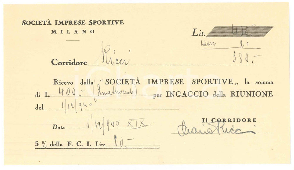 Autografo originale 1940 CICLISMO MILANO Ricevuta Mario RICCI per ingaggio VIGORELLI  AUTOGRAFO 1