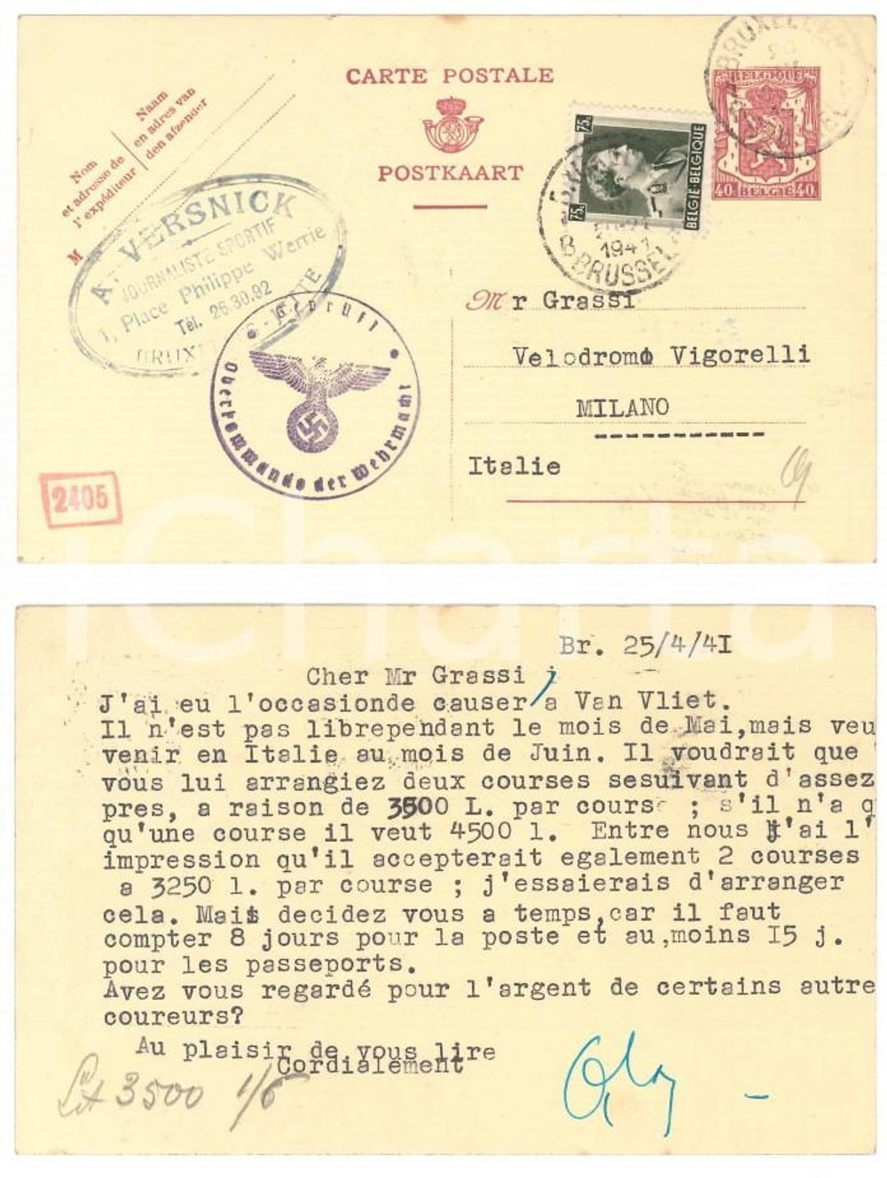 Autografo originale 1941 BRUXELLES CICLISMO Cartolina A. VERSNICK per gara Arie VAN VLIET Autografo 1