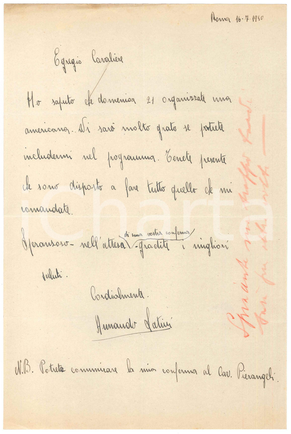 1940 CICLISMO ROMA Armando LATINI chiede di correre un'americana - AUTOGRAFO