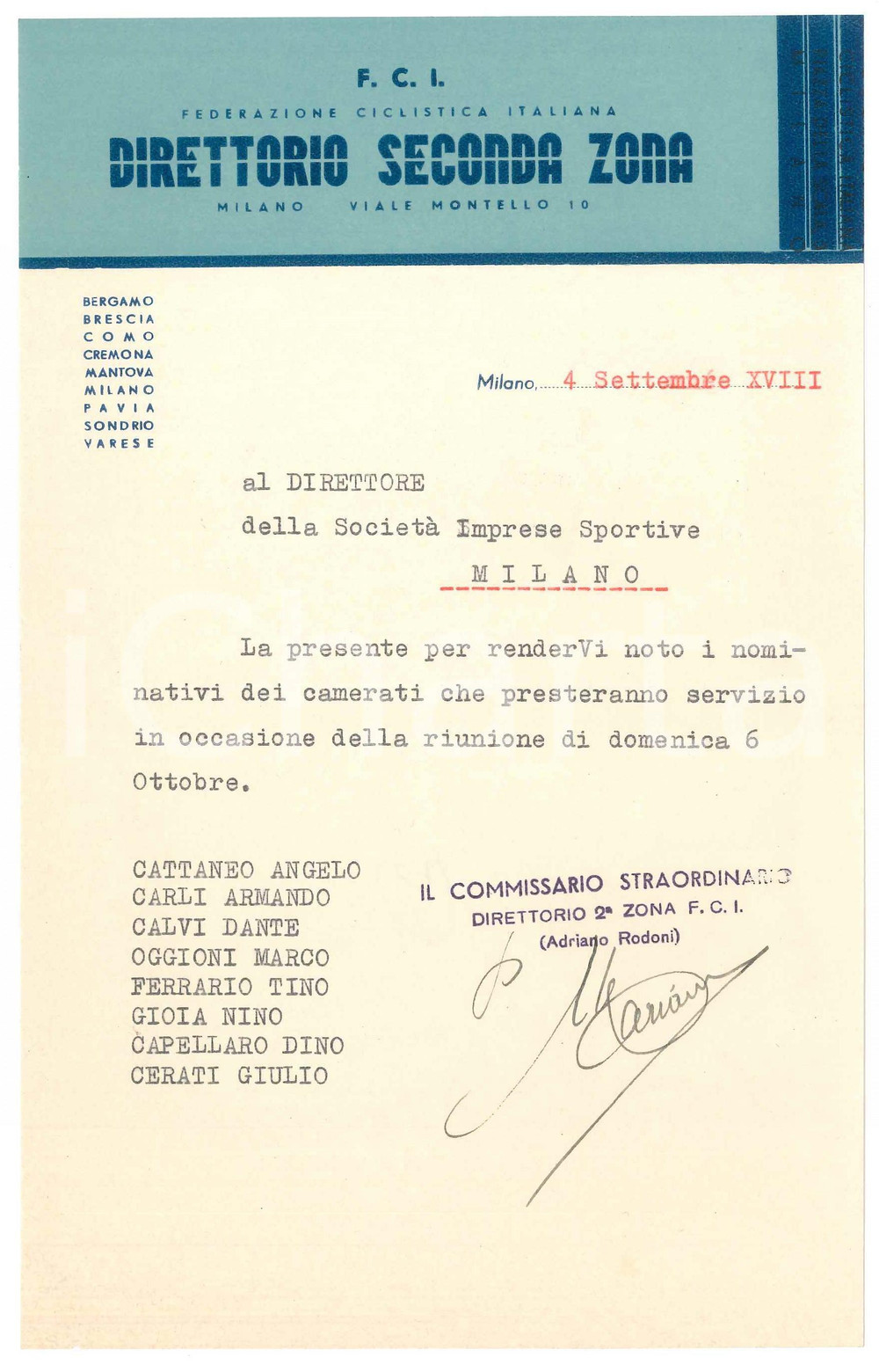 Documento originale, autentico 1940 F.C.I. CICLISMO MILANO Direttorio Seconda Zona Ufficiali in servizio 1