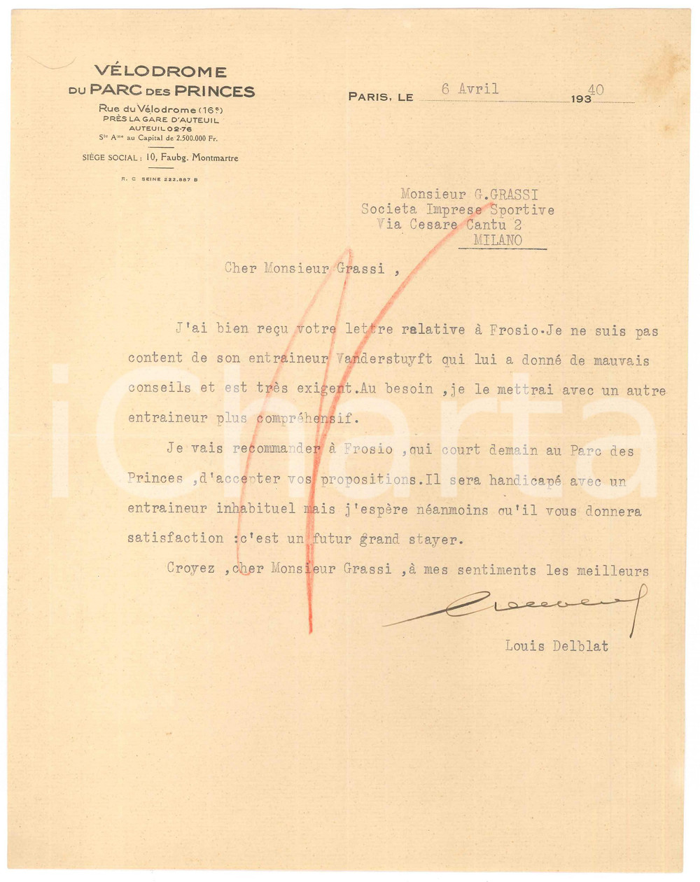 Autografo originale 1940 PARIS Vélodrome d Hiver  Louis DELBLAT cherche entraineur pour Elia FROSIO 1