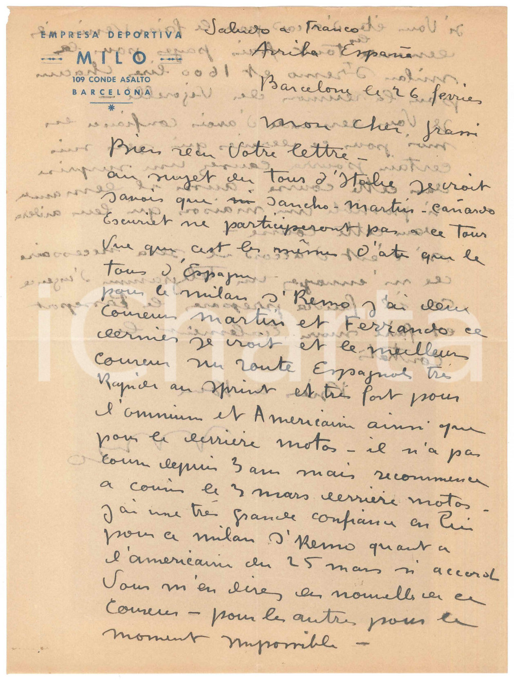 Autografo originale 1940 CICLISMO BARCELONA Empresa Deportiva MILO offre corridori MilanoSanremo 1