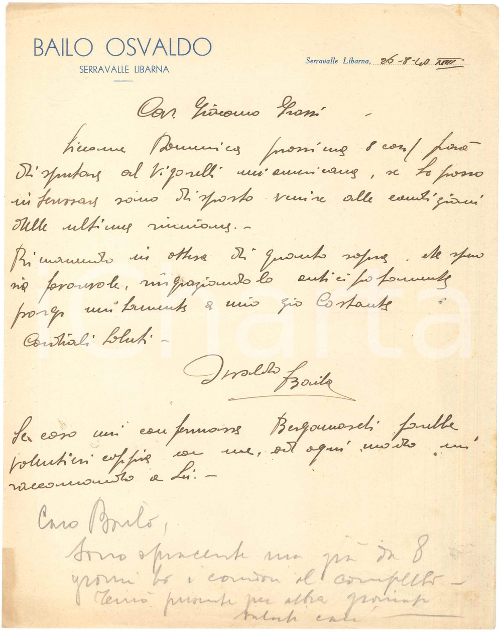 Autografo originale 1940 CICLISMO SERRAVALLE Osvaldo BAILO disponibile per gara  AUTOGRAFO 1