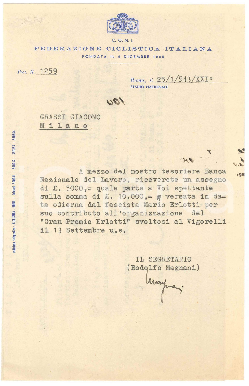 Documento originale, autentico 1943 CICLISMO C.O.N.I. ROMA Lettera Rodolfo MAGNANI per Gran Premio ERLOTTI 1
