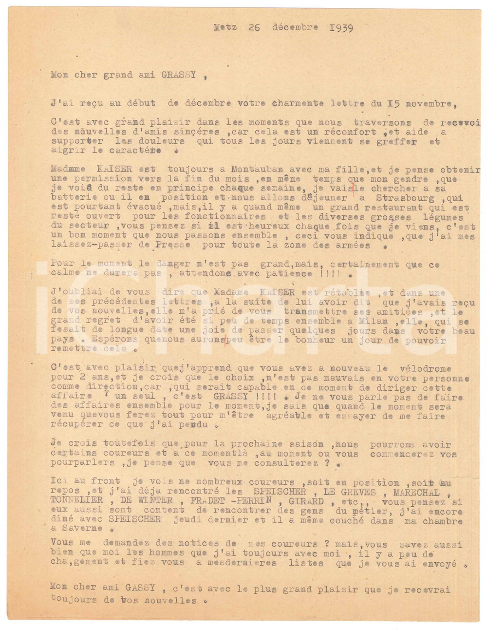 Autografo originale 1939 CICLISMO METZ Lettera Georges KAISER pronto a nuovi affari Autografo 1