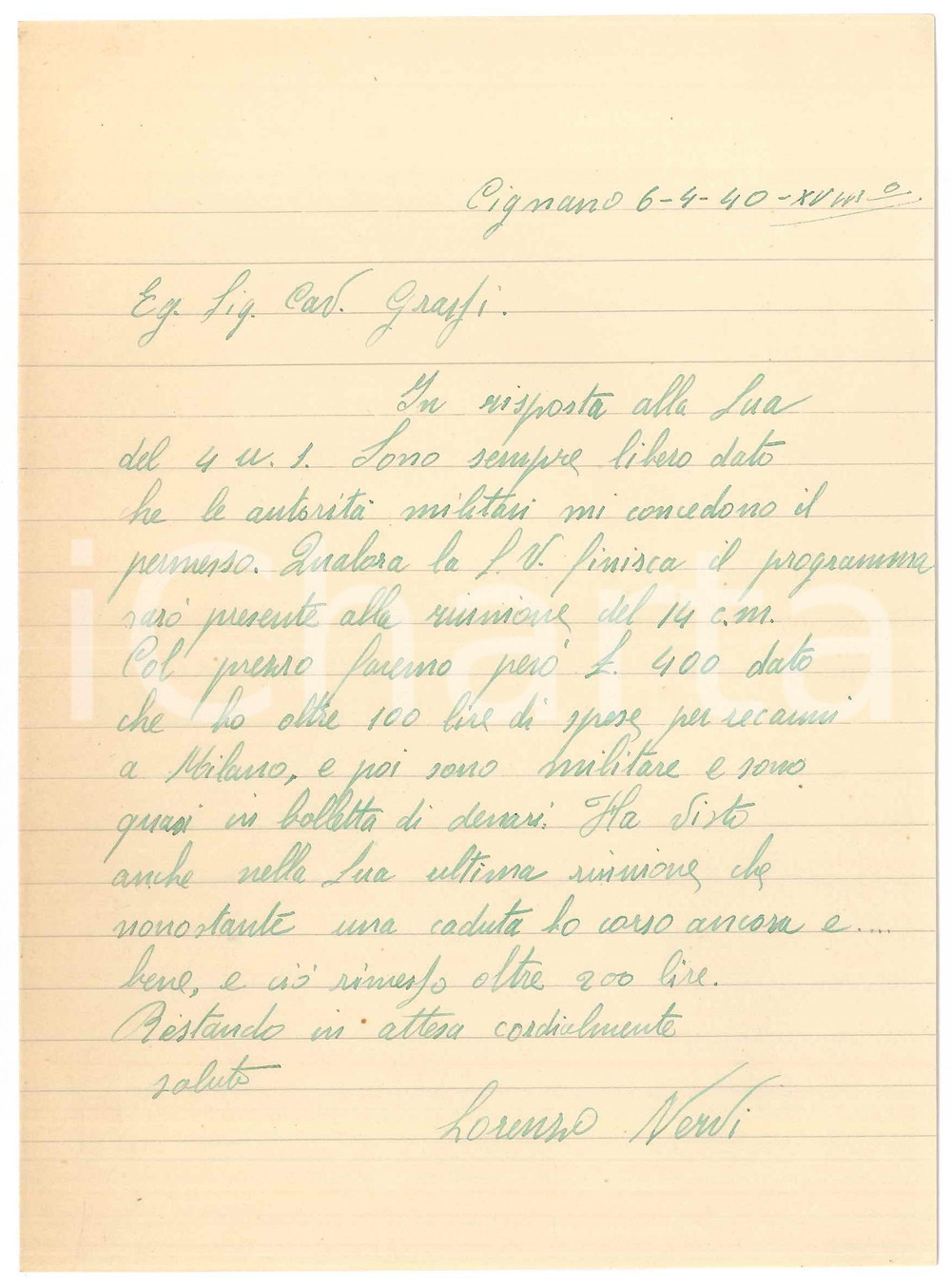 Autografo originale 1940 CICLISMO CIGNANO BS Lorenzo NERVI garantisce partecipazione  AUTOGRAFO 1