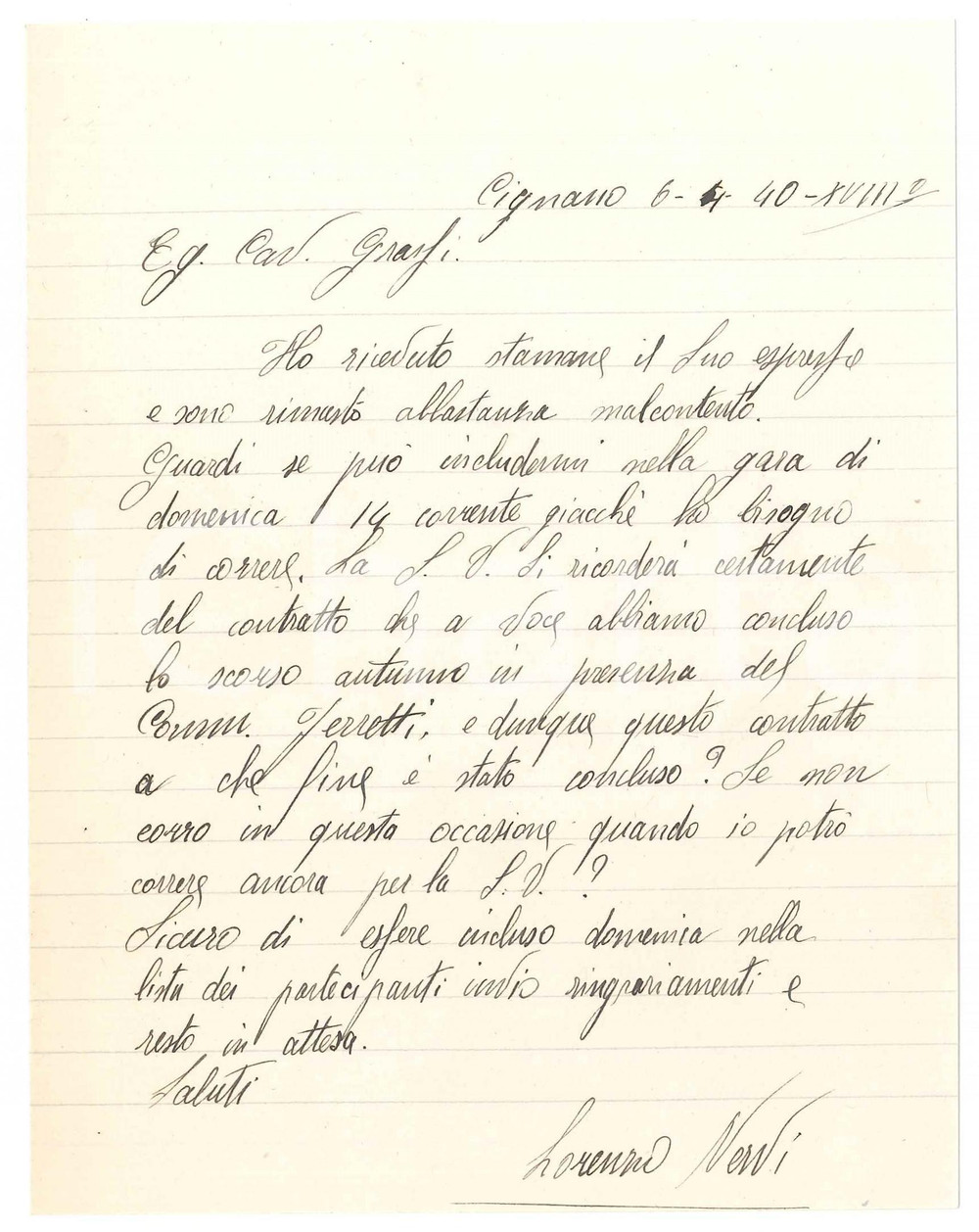 Autografo originale 1940 CICLISMO CIGNANO BS Lorenzo NERVI bisognoso di correre  AUTOGRAFO 1