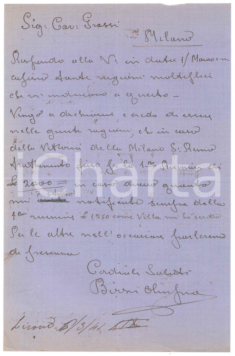 1941 CICLISMO LIVORNO Olimpio BIZZI su ingaggio in caso di vittoria - AUTOGRAFO