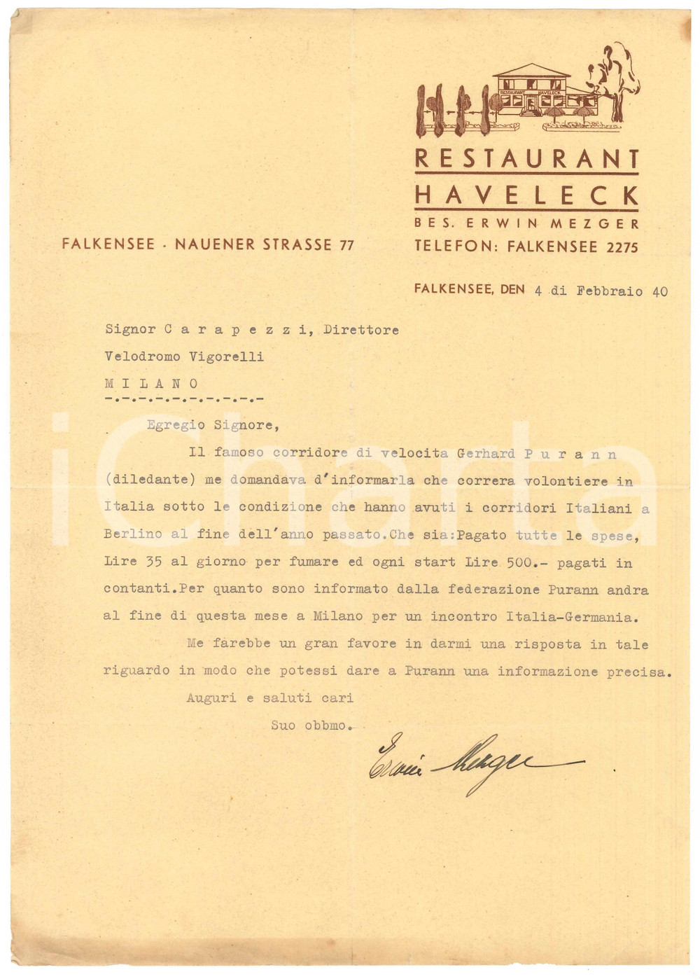 Autografo originale 1940 CICLISMO FALKENSEE Lettera Erwin MEZGER su gara Gerhard PURANN Autografo 1
