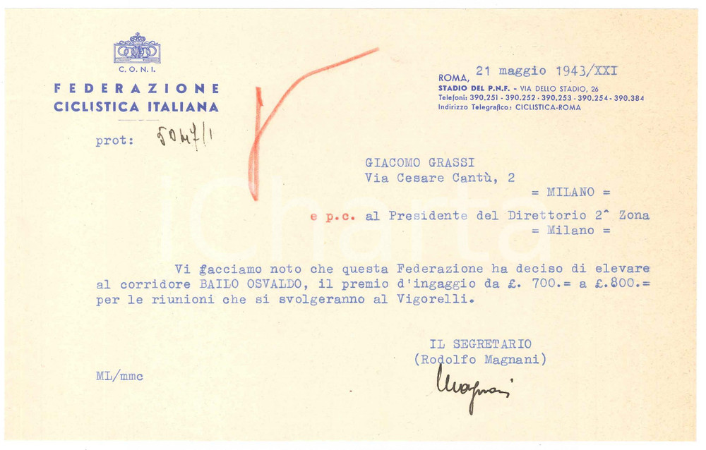 Documento originale, autentico 1943 CICLISMO C.O.N.I. ROMA Lettera Rodolfo MAGNANI su ingaggio Osvaldo BAILO 1