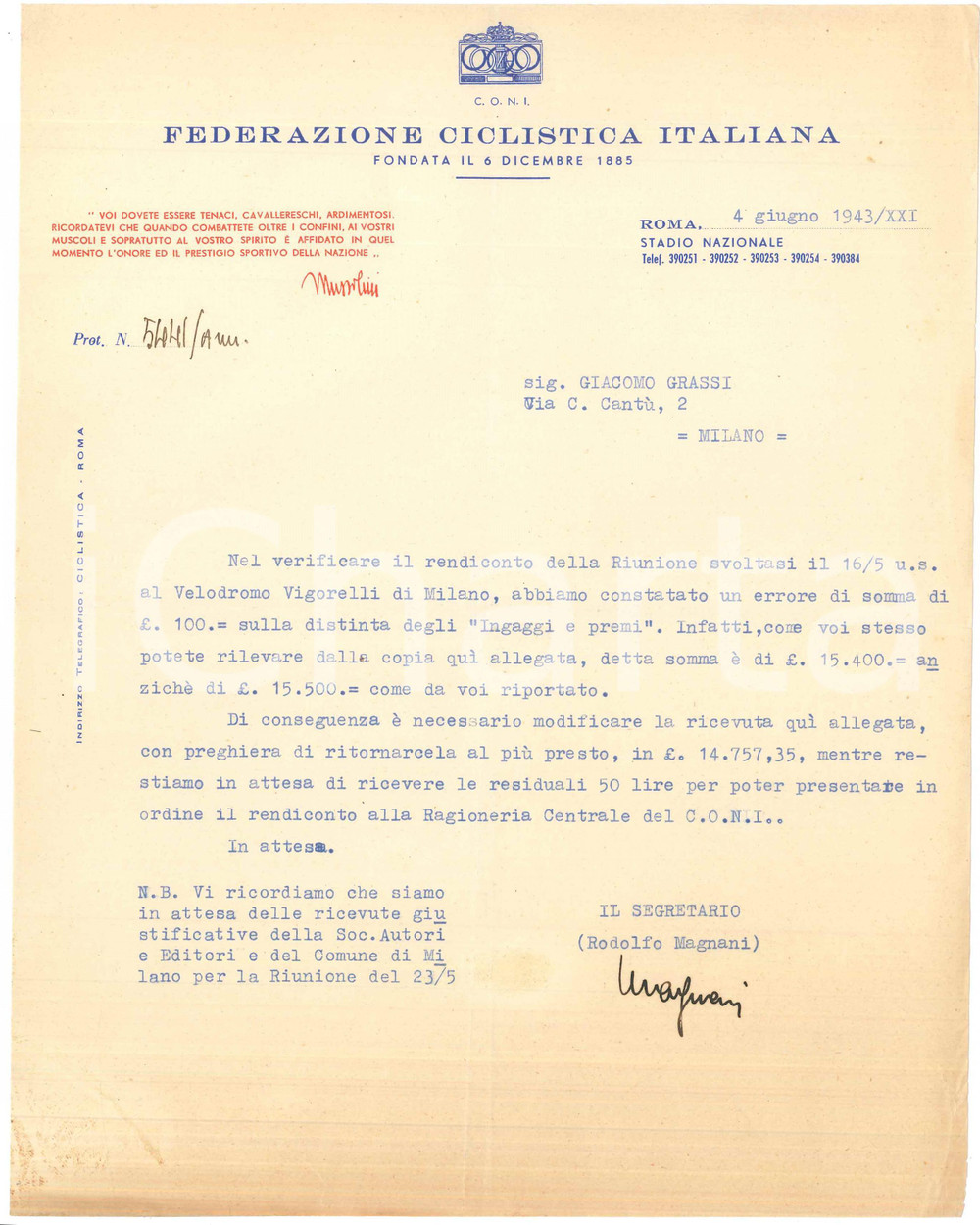 Documento originale, autentico 1943 CICLISMO C.O.N.I. ROMA Lettera Rodolfo MAGNANI su distinta ingaggi 1