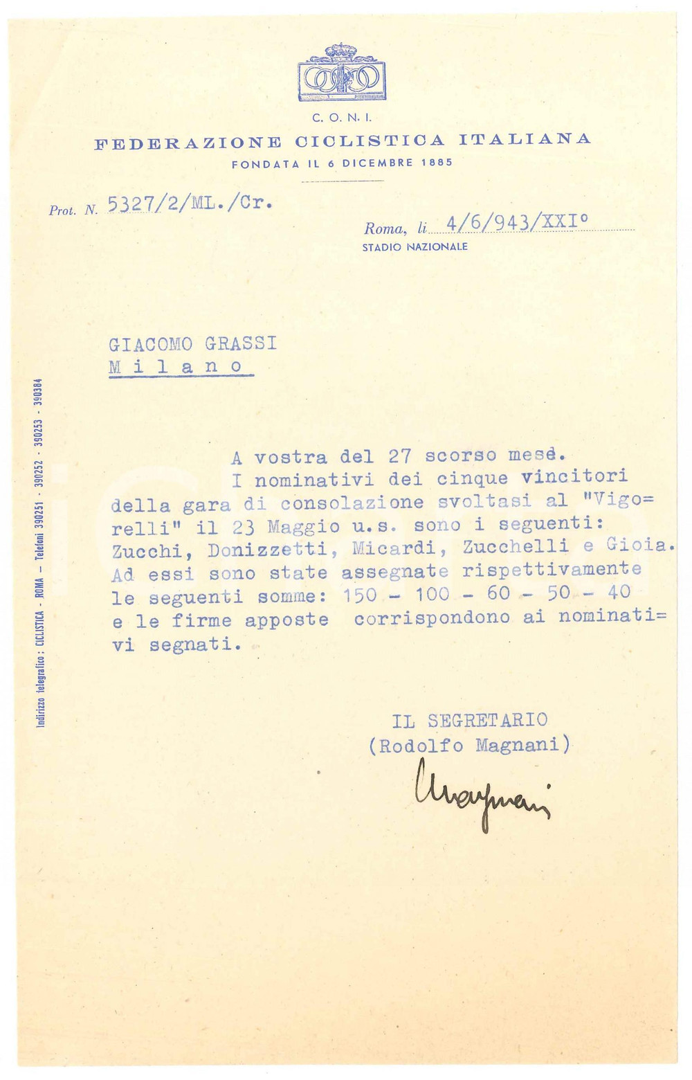 Documento originale, autentico 1943 CICLISMO C.O.N.I. ROMA Lettera Rodolfo MAGNANI su gara di consolazione 1