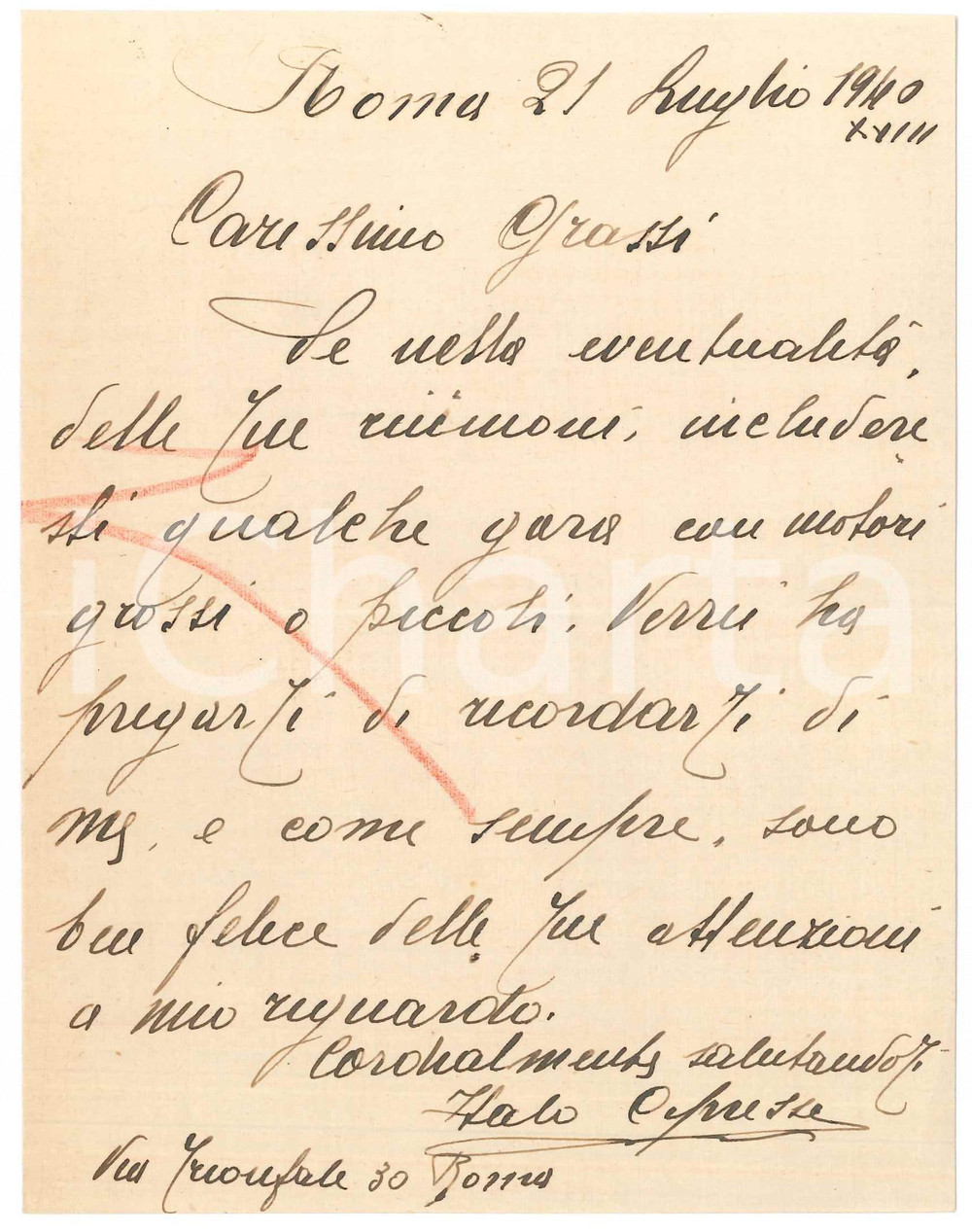 Autografo originale 1940 CICLISMO ROMA Italo CIPRESSI chiede gara con motori AUTOGRAFO 1