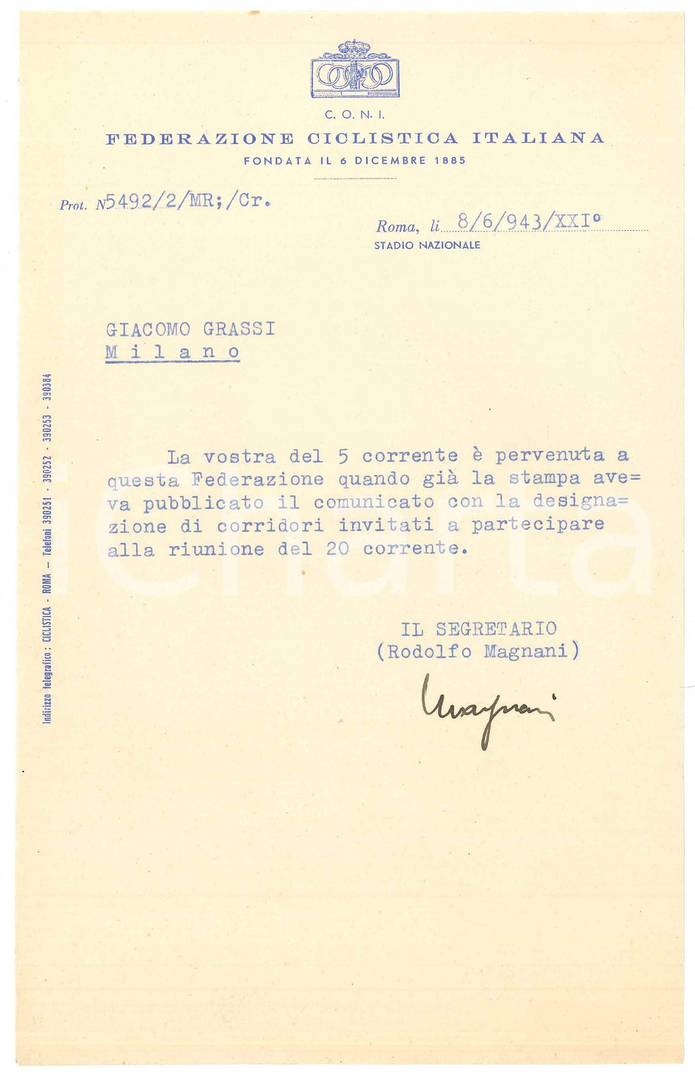 Documento originale, autentico 1943 CICLISMO C.O.N.I. ROMA Lettera Rodolfo MAGNANI su corridori convocati 1