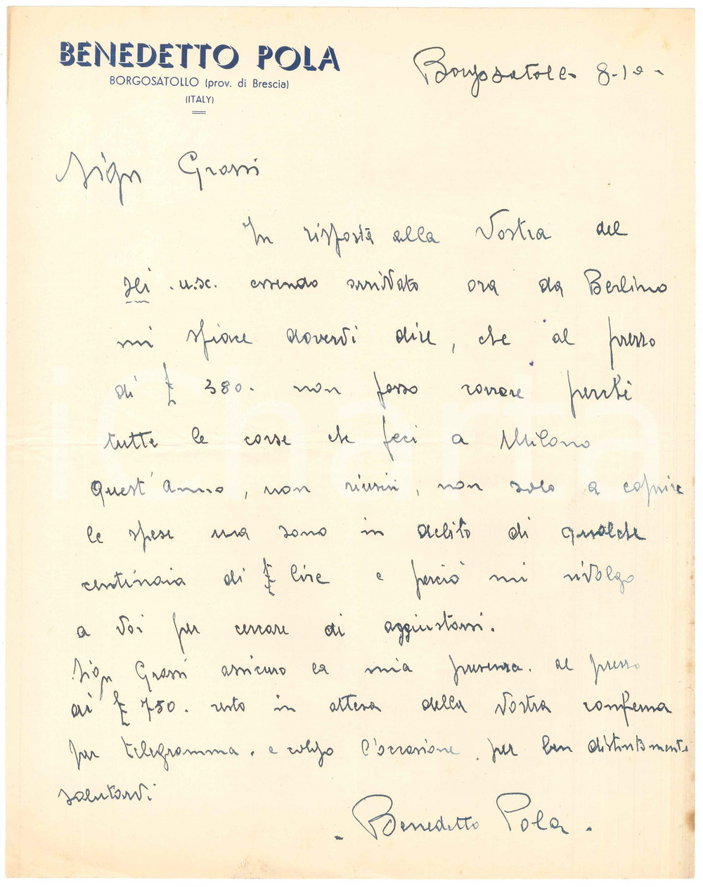 Autografo originale 1940 CICLISMO BORGOSATOLLO Benedetto POLA rinuncia a una gara  AUTOGRAFO 1