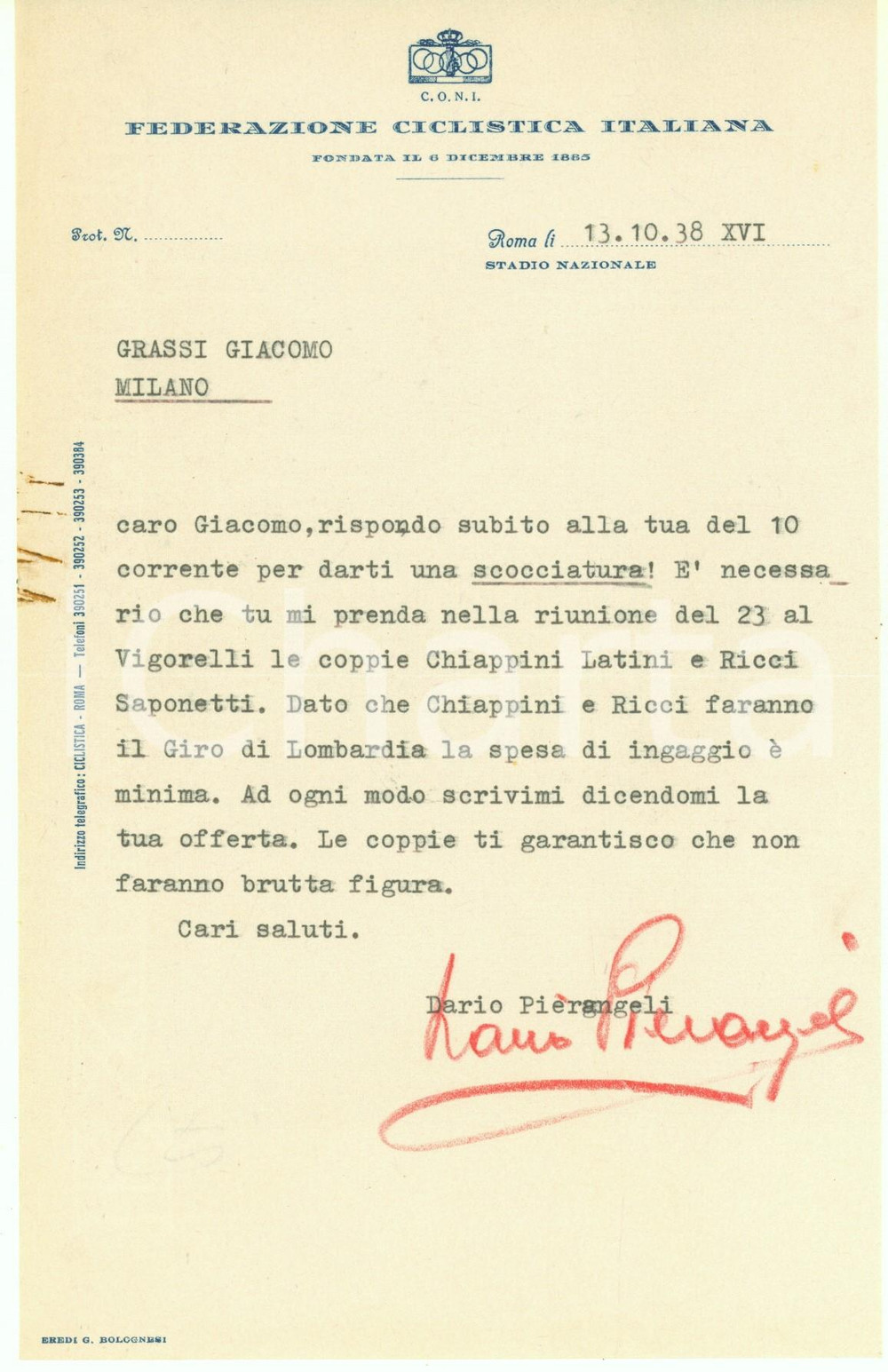 Manoscritto, lettera originale 1938 CICLISMO ROMA CONI Lettera Dario PIERANGELI su ingaggio coppie ciclisti 1