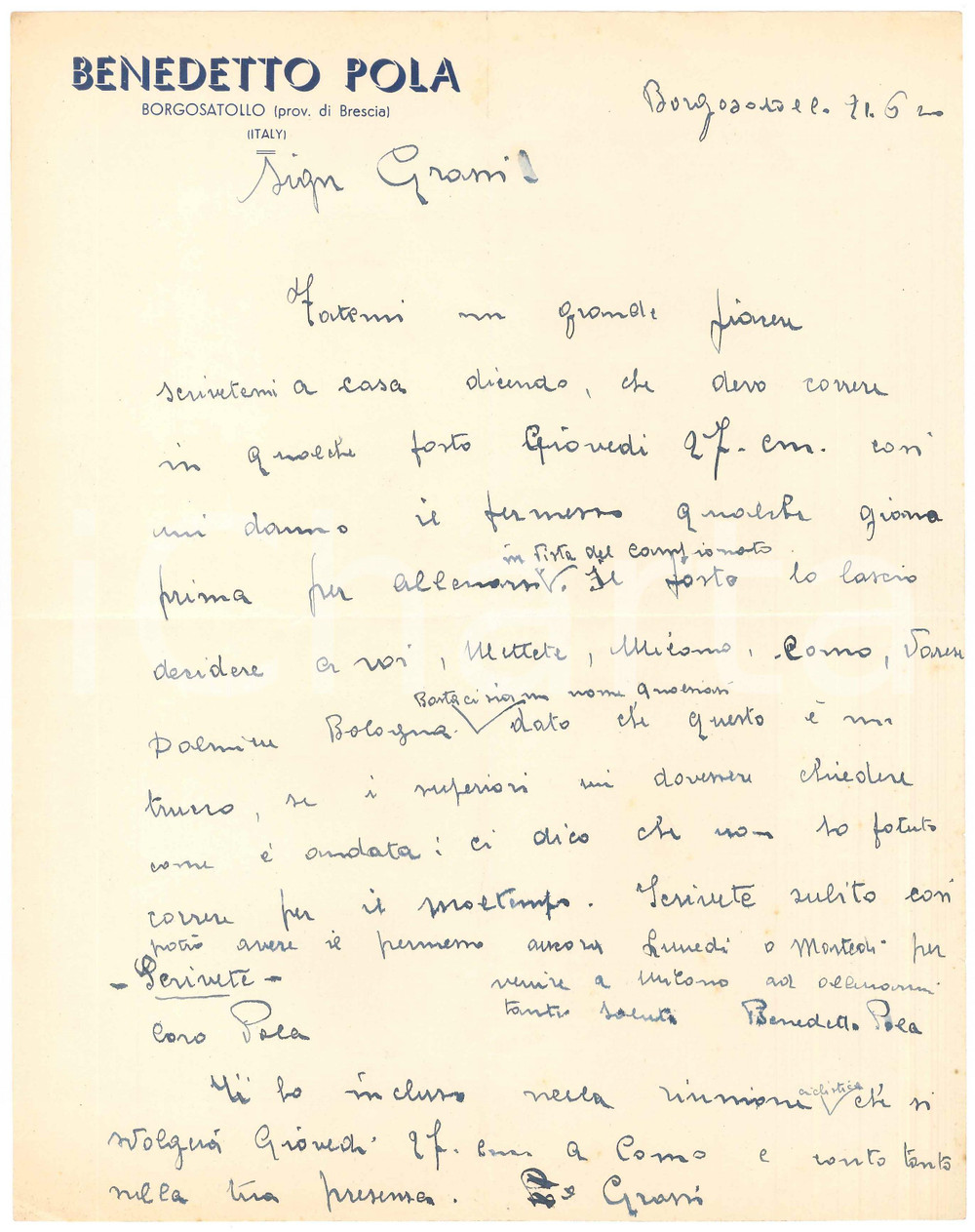 Autografo originale 1940 CICLISMO BORGOSATOLLO Benedetto POLA su ingaggio a Como  AUTOGRAFO 1
