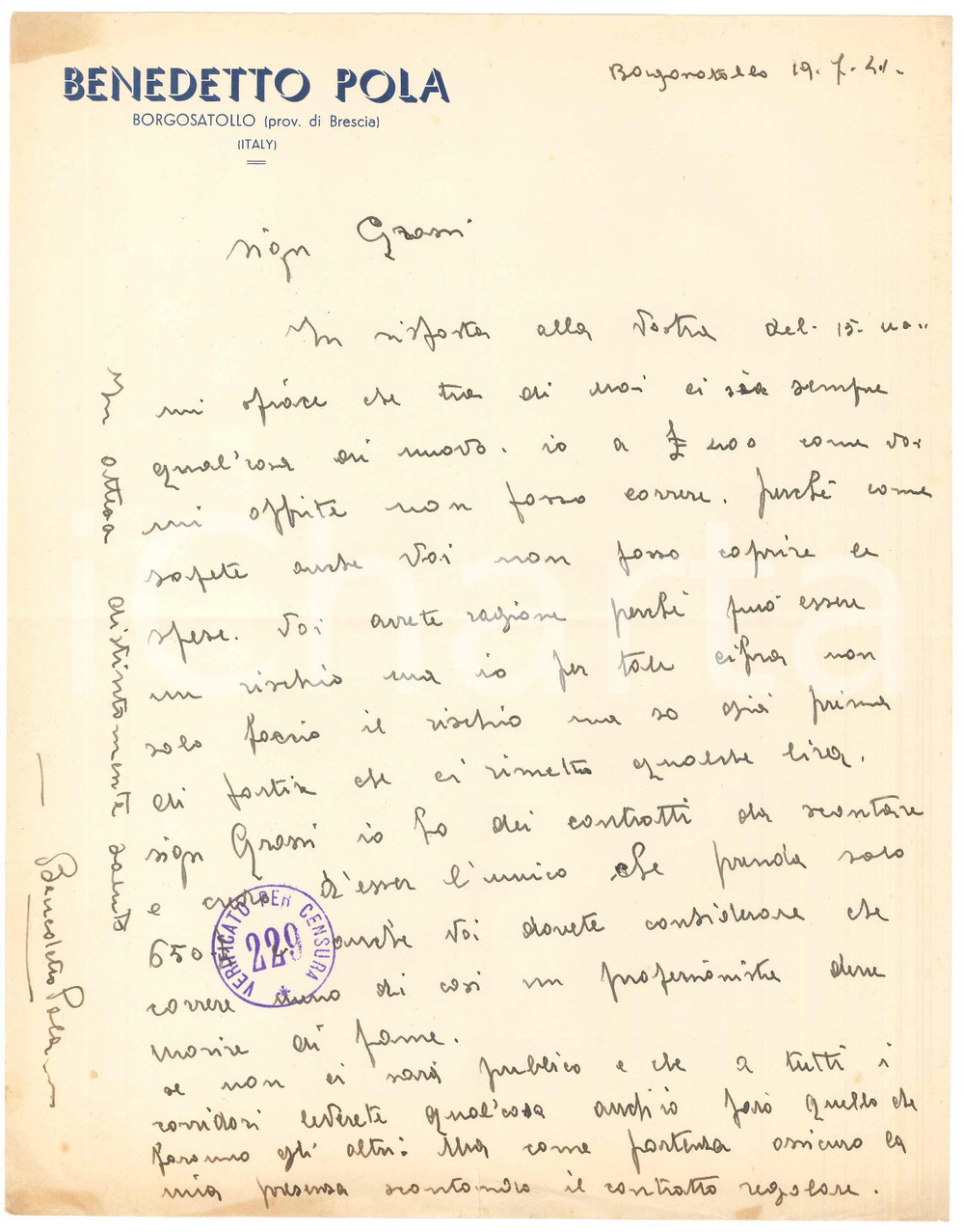 Autografo originale 1941 CICLISMO BORGOSATOLLO Benedetto POLA rifiuta ingaggio basso  AUTOGRAFO 1