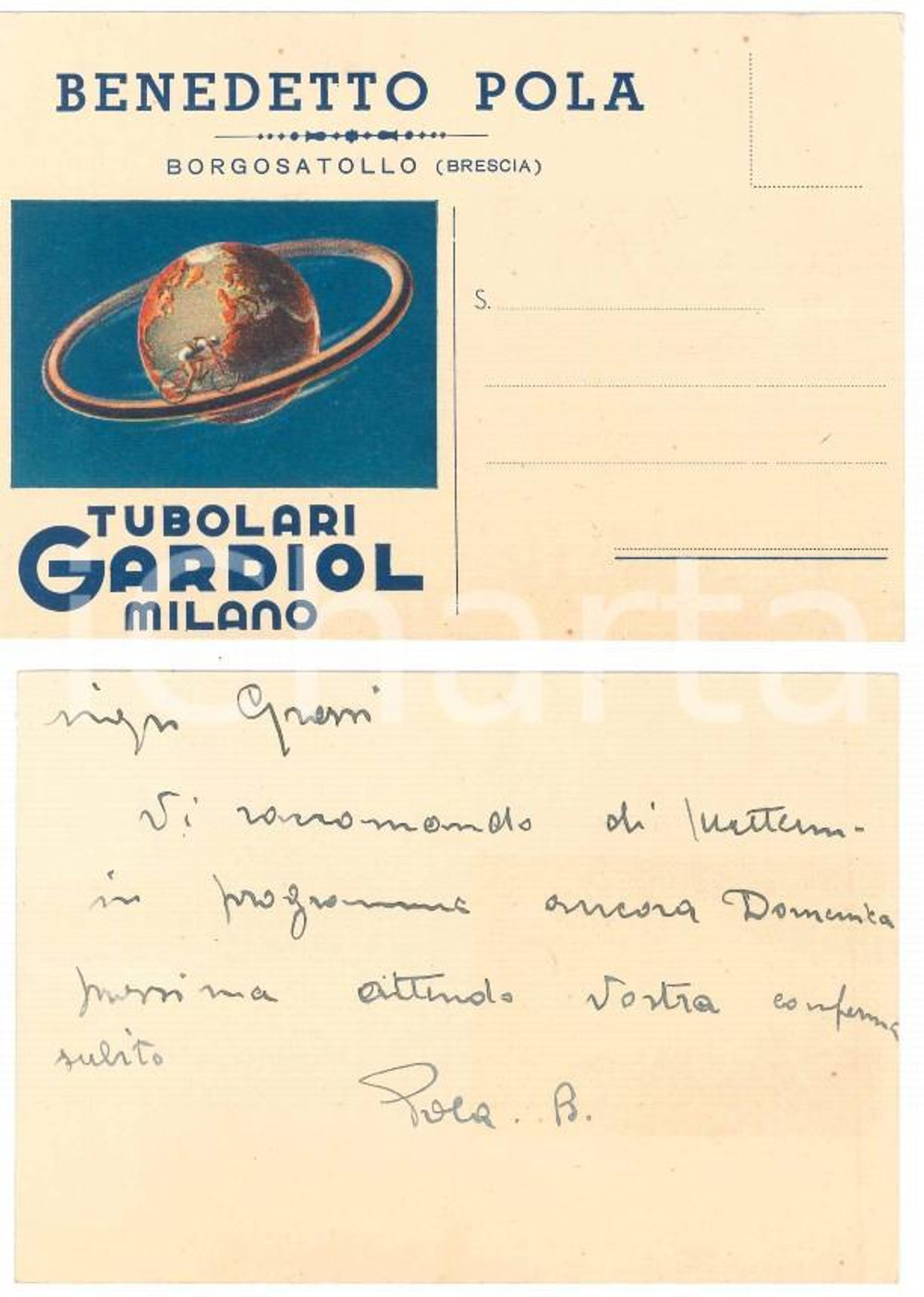 Autografo originale 1940 ca CICLISMO BORGOSATOLLO Benedetto POLA chiede ingaggio  AUTOGRAFO 1