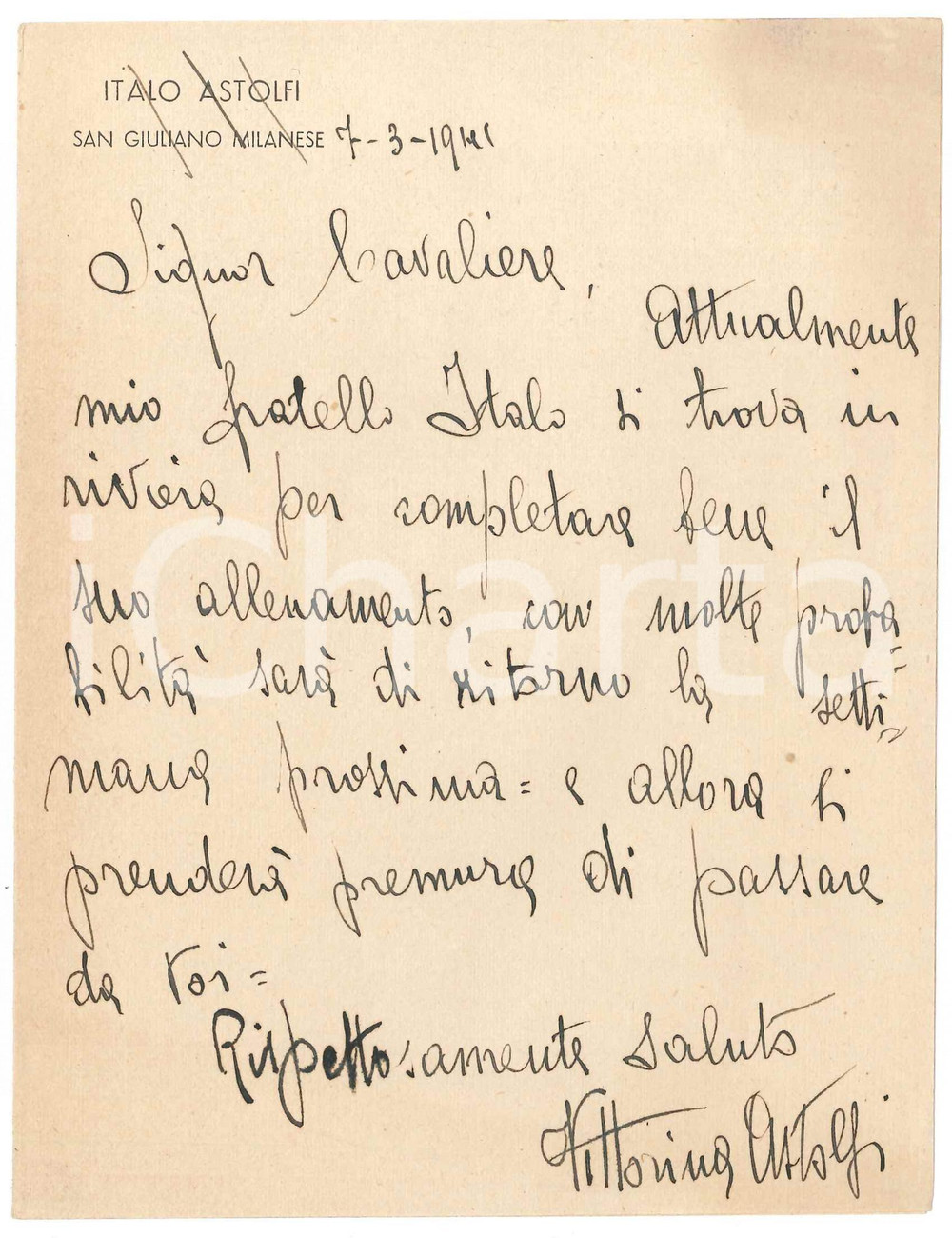 Autografo originale 1941 CICLISMO SAN GIULIANO MILANESE Lettera Vittorina sorella di Italo ASTOLFI 1