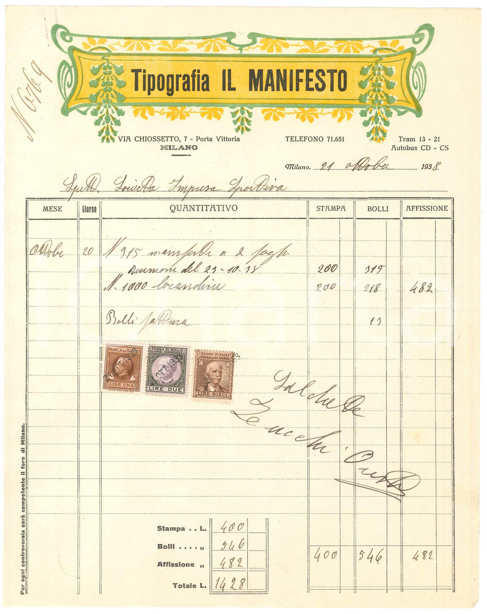 Documento originale, autentico 1938 MILANO Tipografia IL MANIFESTO  Fattura manifesti CICLISMO Vigorelli 1 1