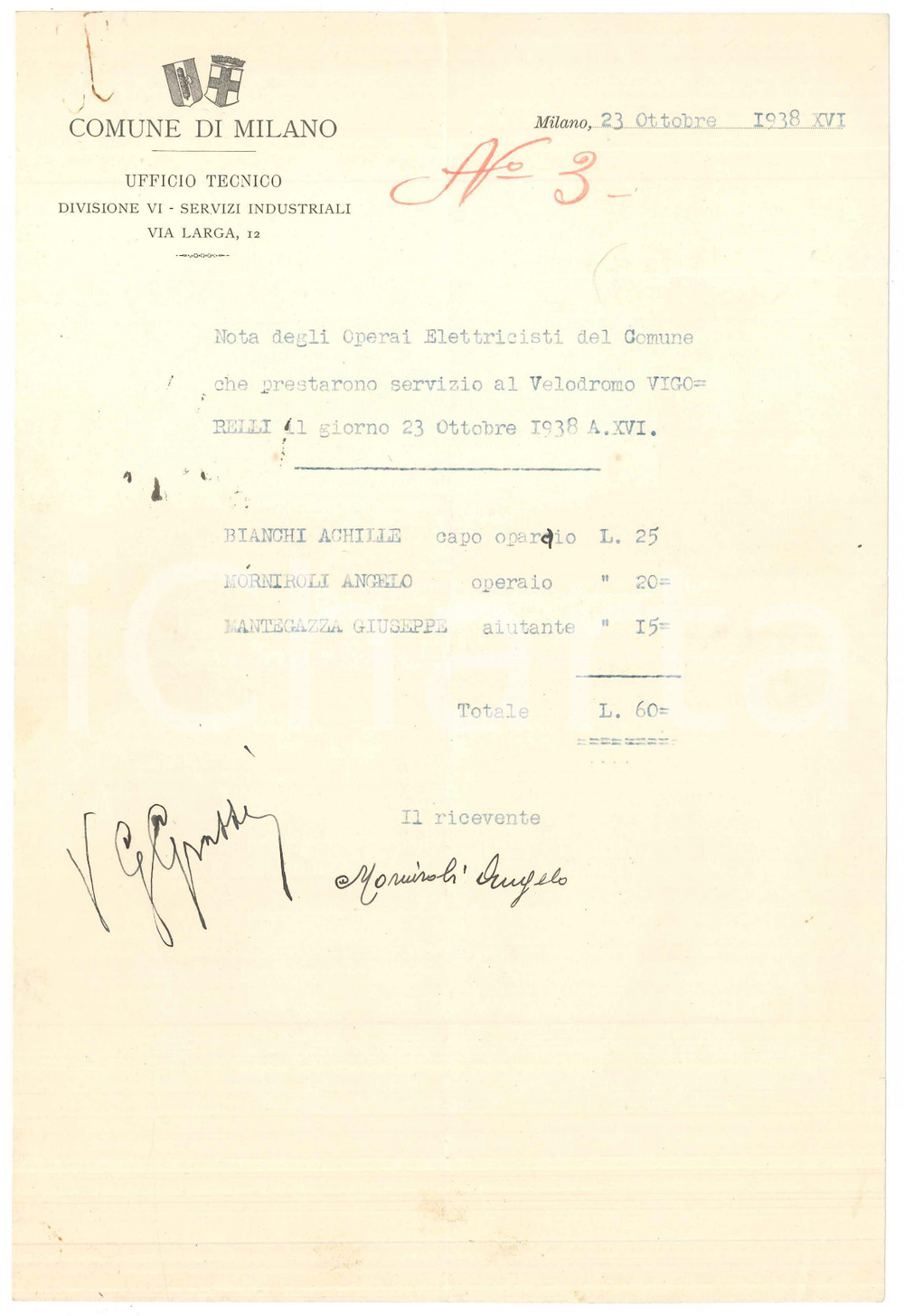 Documento originale, autentico 1938 COMUNE DI MILANO Ufficio Tecnico  Nota elettricisti Velodromo VIGORELLI 1