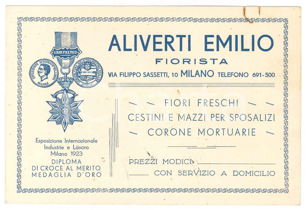 Materiale pubblicitario d’epoca 1930 ca MILANO via Sassetti  Fiorista ALIVERTI Emilio  Biglietto pubblicitario 1