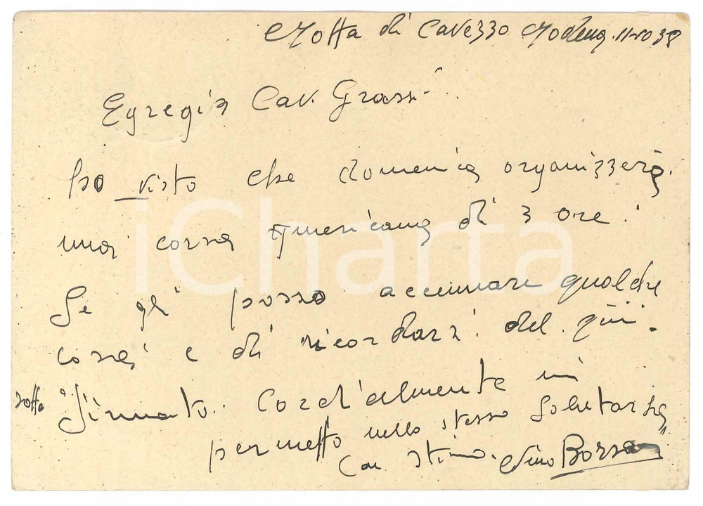 Autografo originale 1938 CICLISMO MOTTA DI CAVEZZO Cartolina Nino BORSARI per ingaggio  AUTOGRAFO 1