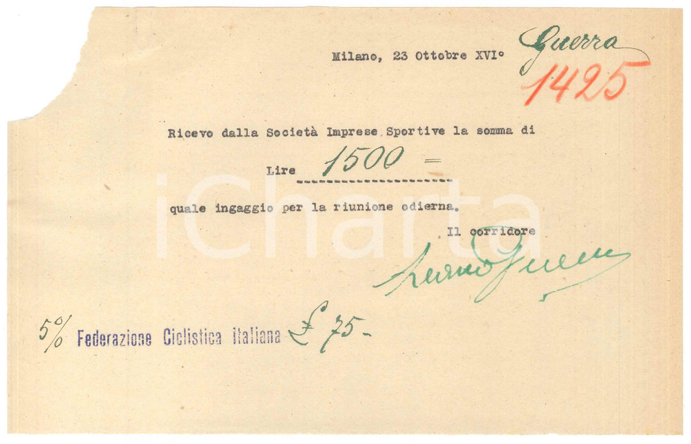 Autografo originale 1938 CICLISMO Milano Vigorelli  Ricevuta Learco GUERRA per ingaggio  AUTOGRAFO 1