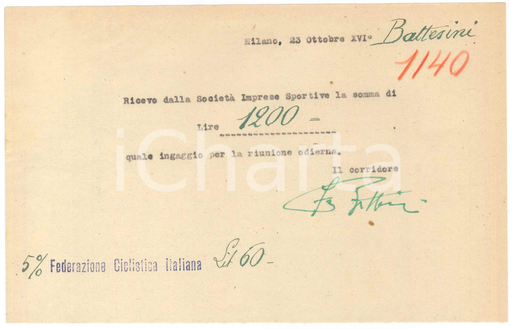 Autografo originale 1938 CICLISMO Milano Vigorelli  Ricevuta Fabio BATTESINI ingaggio  AUTOGRAFO 1