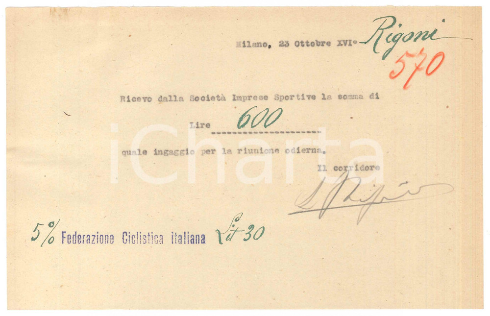 Autografo originale 1938 CICLISMO Milano Vigorelli  Ricevuta Severino RIGONI ingaggio  AUTOGRAFO 1
