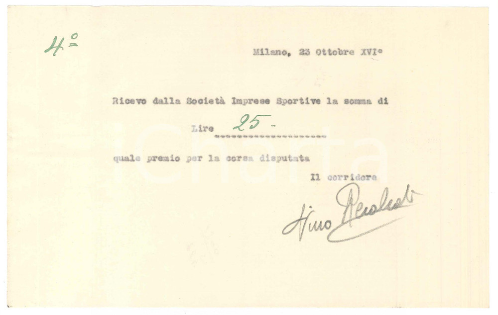 Autografo originale 1938 CICLISMO Milano Vigorelli  Ricevuta Nino RECALCATI per ingaggio AUTOGRAFO 1