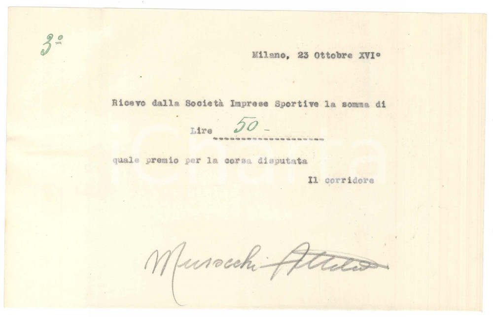 Autografo originale 1938 CICLISMO Milano Vigorelli  Ricevuta Attilio MUSOCCHI ingaggio AUTOGRAFO 1