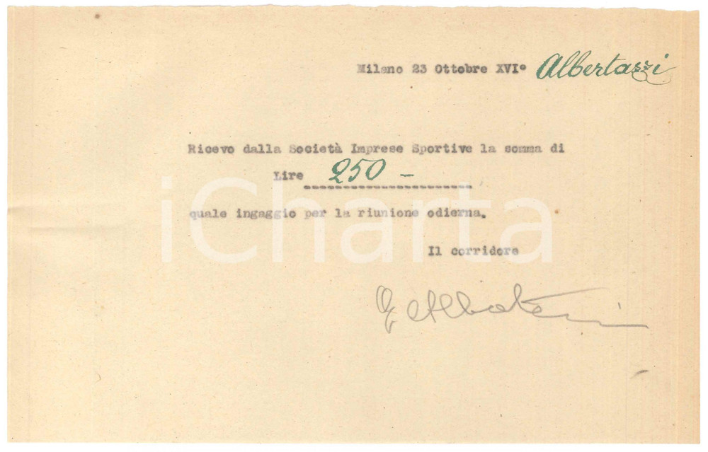 Autografo originale 1938 CICLISMO Milano Vigorelli  Ricevuta ALBERTAZZI ingaggio AUTOGRAFO 1