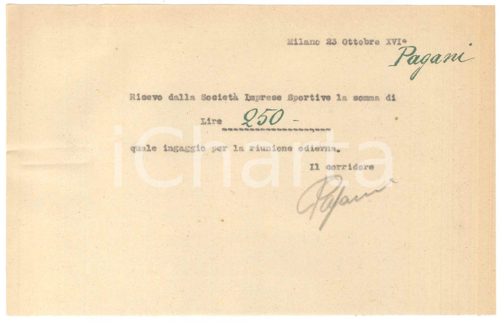 Autografo originale 1938 CICLISMO Milano Vigorelli  Ricevuta Antonio PAGANI ingaggio AUTOGRAFO 1