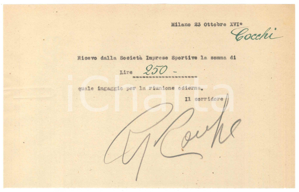 Autografo originale 1938 CICLISMO Milano Vigorelli  Ricevuta Giovanni COCCHI per ingaggio AUTOGRAFO 1