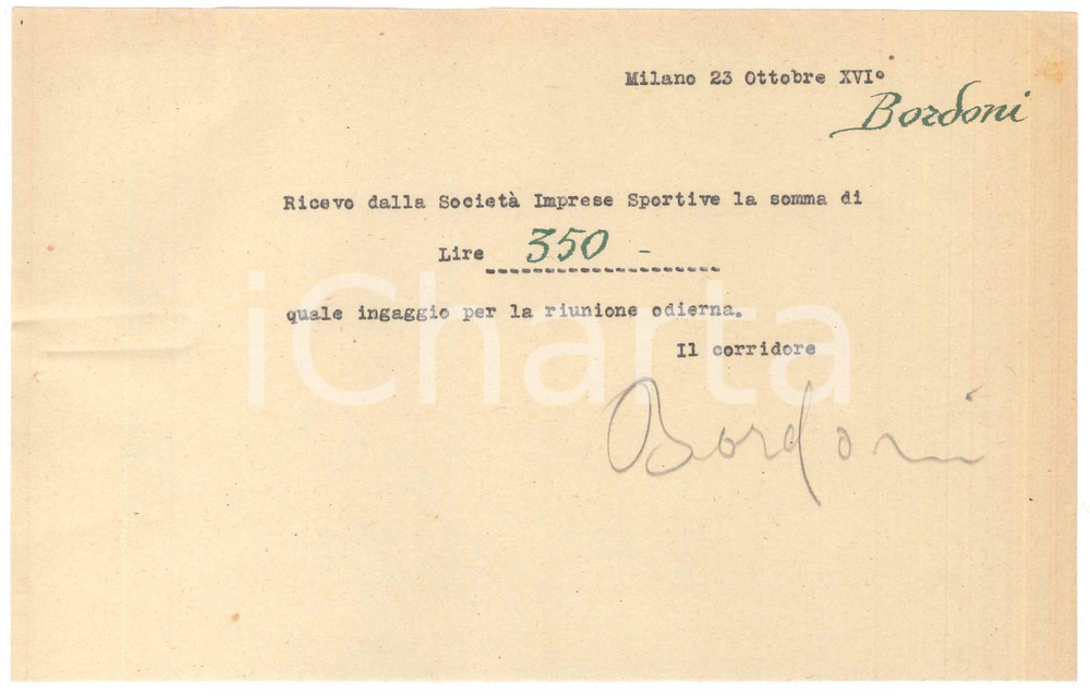 Autografo originale 1938 CICLISMO Milano Vigorelli  Ricevuta Adolfo BORDONI per ingaggio AUTOGRAFO 1