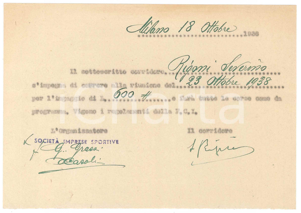 Autografo originale 1938 CICLISMO Milano Vigorelli  Ricevuta Severino RIGONI per corsa AUTOGRAFO 1