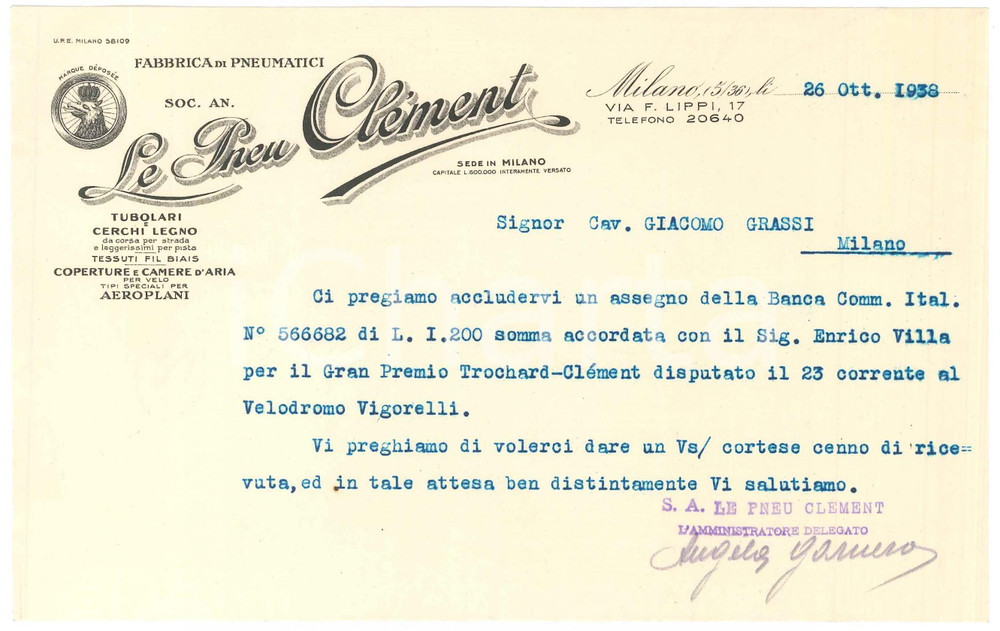 Documento originale, autentico 1938 MILANO via Lippi  Fabbrica pneumatici LE PNEU CLEMENT  Lettera 1