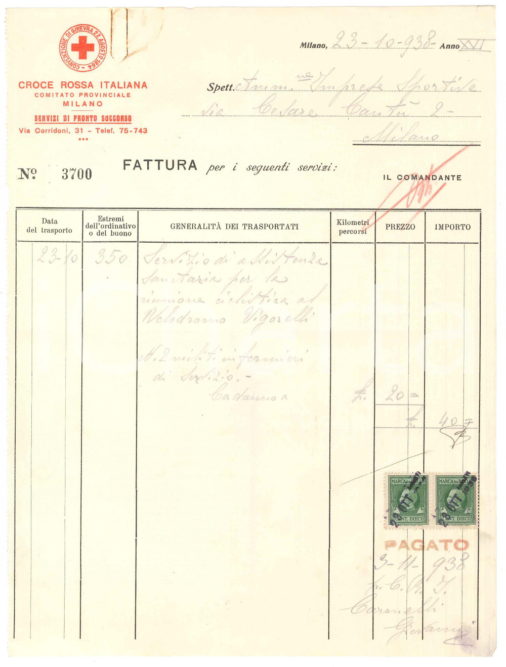 Documento originale, autentico 1938 MILANO CROCE ROSSA ITALIANA Fattura assistenza gara ciclismo Vigorelli 1 1