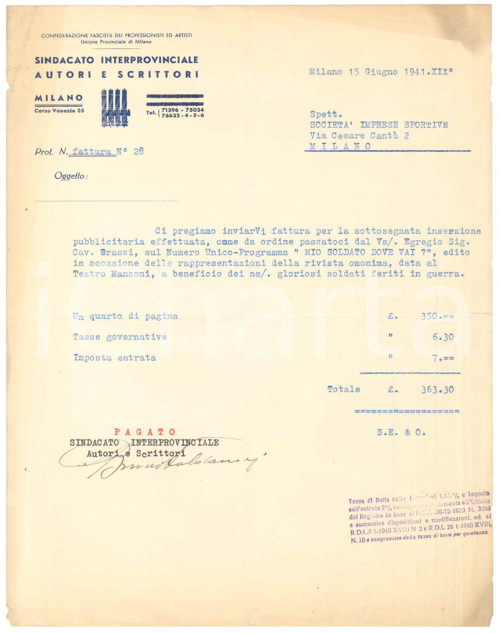 Documento originale, autentico 1941 MILANO Sindacato SIAS  Fattura per rivista al Teatro Manzoni 1