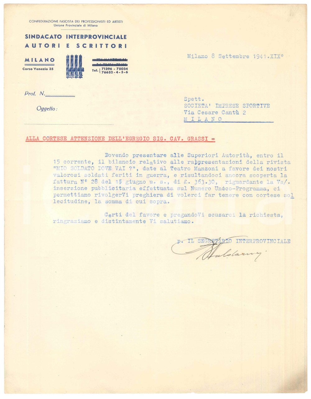 Documento originale, autentico 1941 MILANO Sindacato SIAS  Lettera per rivista Mio soldato dove vai? 1