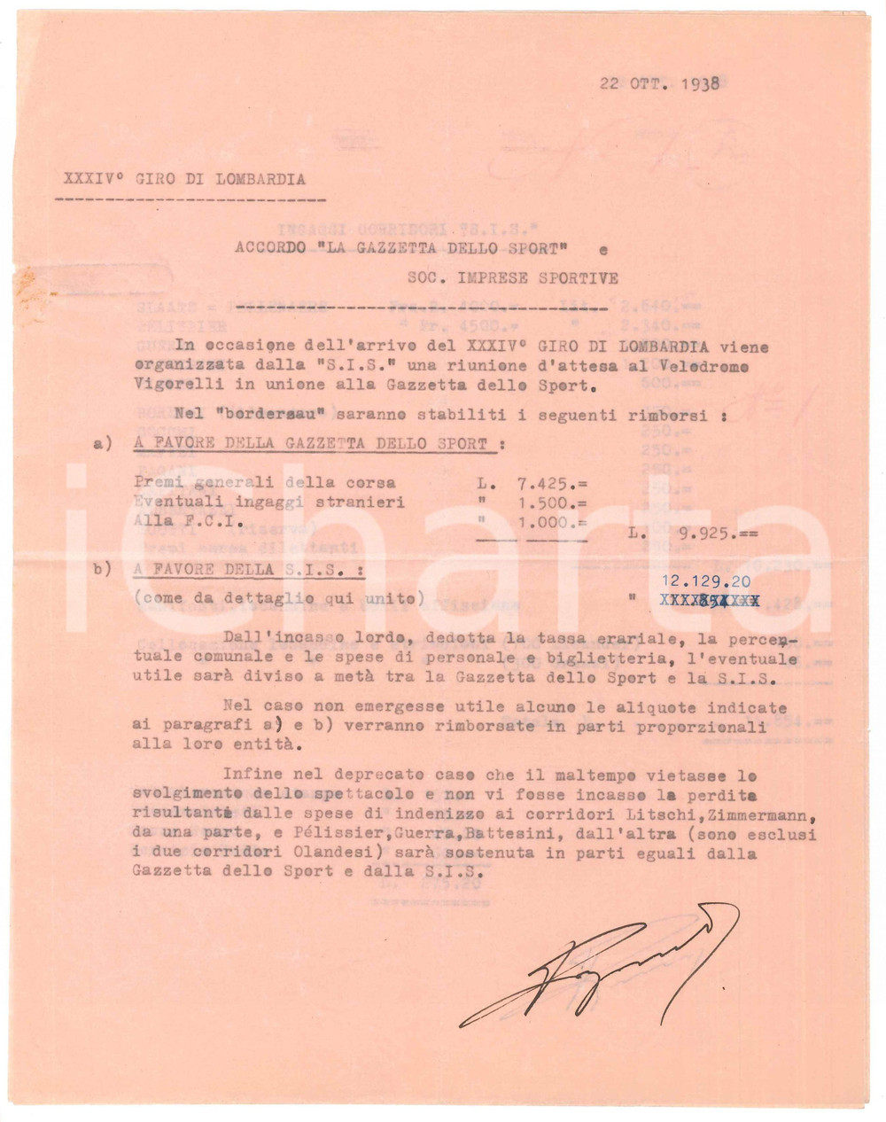 Documento originale, autentico 1938 CICLISMO Accordo Gazzetta dello Sport  SocietÃ  Imprese Sportive 1