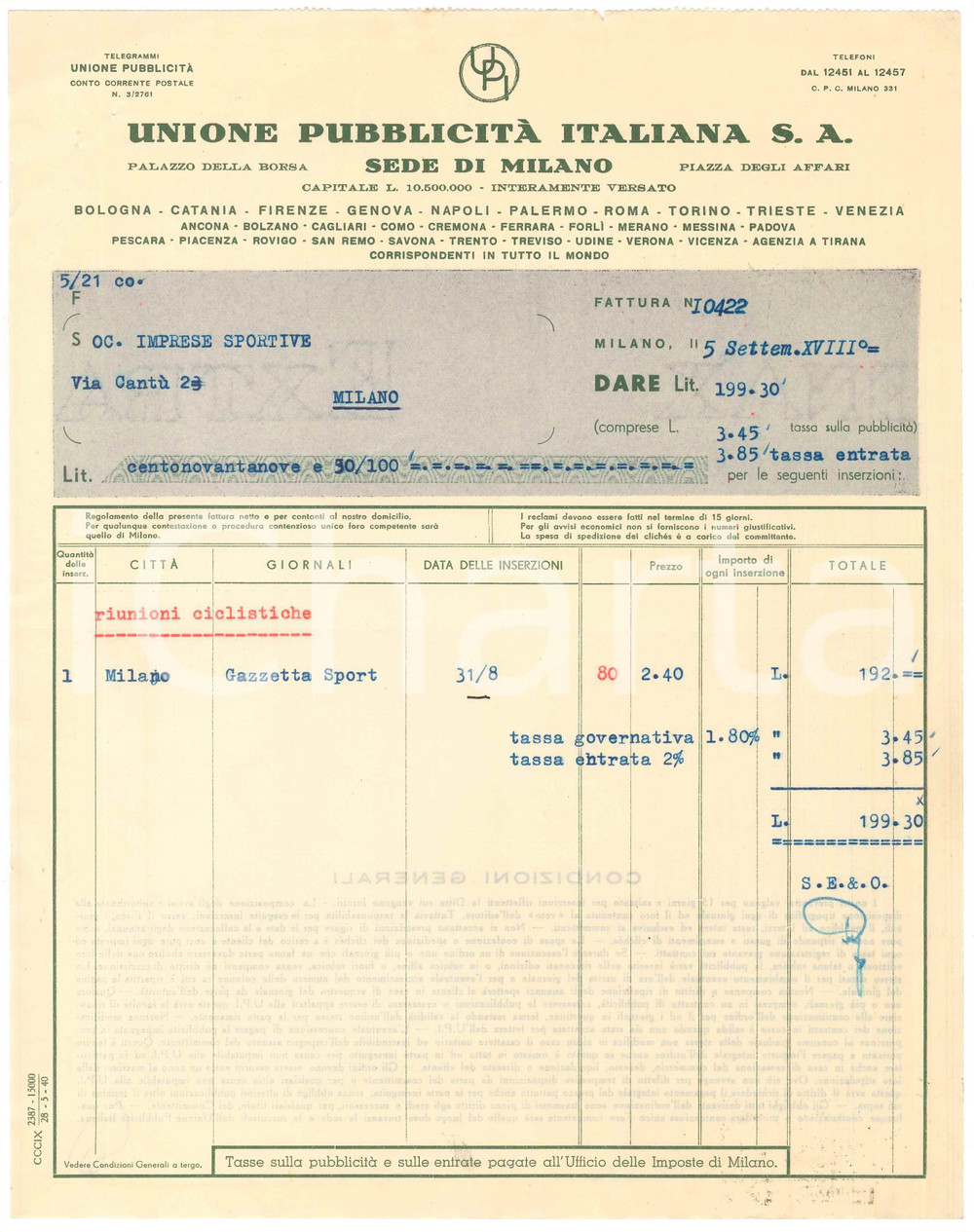 Documento originale, autentico 1940 CICLISMO MILANO Unione Pubblicità Italiane  Fattura Gazzetta dello Sport 1