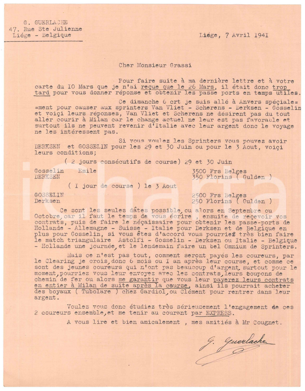 Autografo originale 1941 LIEGI CICLISMO Guillaume GUERLACHE per ingaggio GOSSELIN  DERKSEN 1