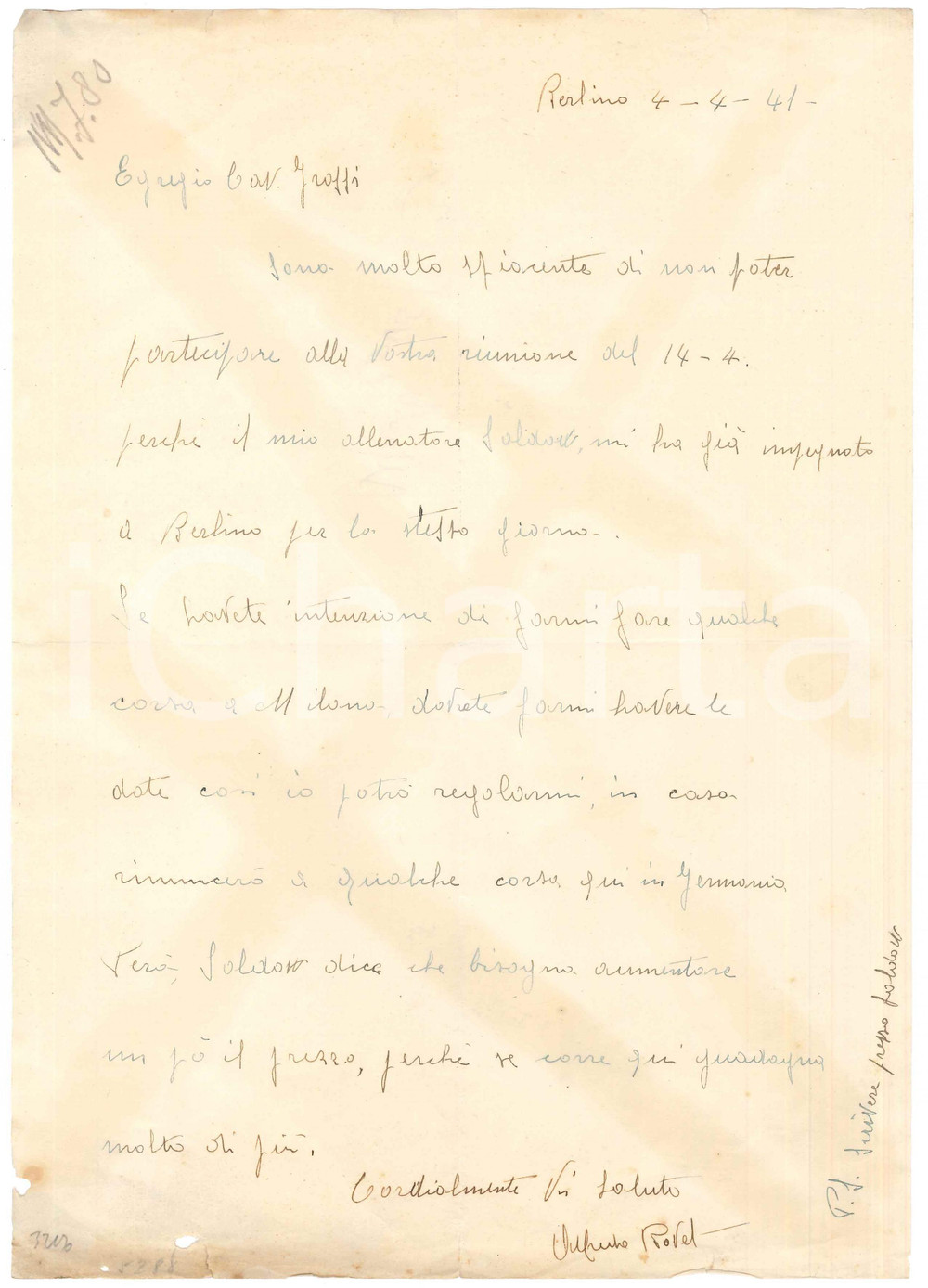 Autografo originale 1941 CICLISMO BERLINO Alfredo BOVET impegnato in Germania  AUTOGRAFO 1