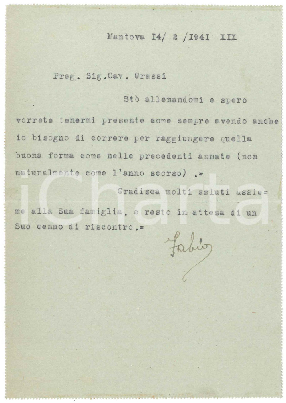 Autografo originale 1941 CICLISMO MANTOVA Lettera Fabio BATTESINI per prossimo ingaggio  AUTOGRAFO 1