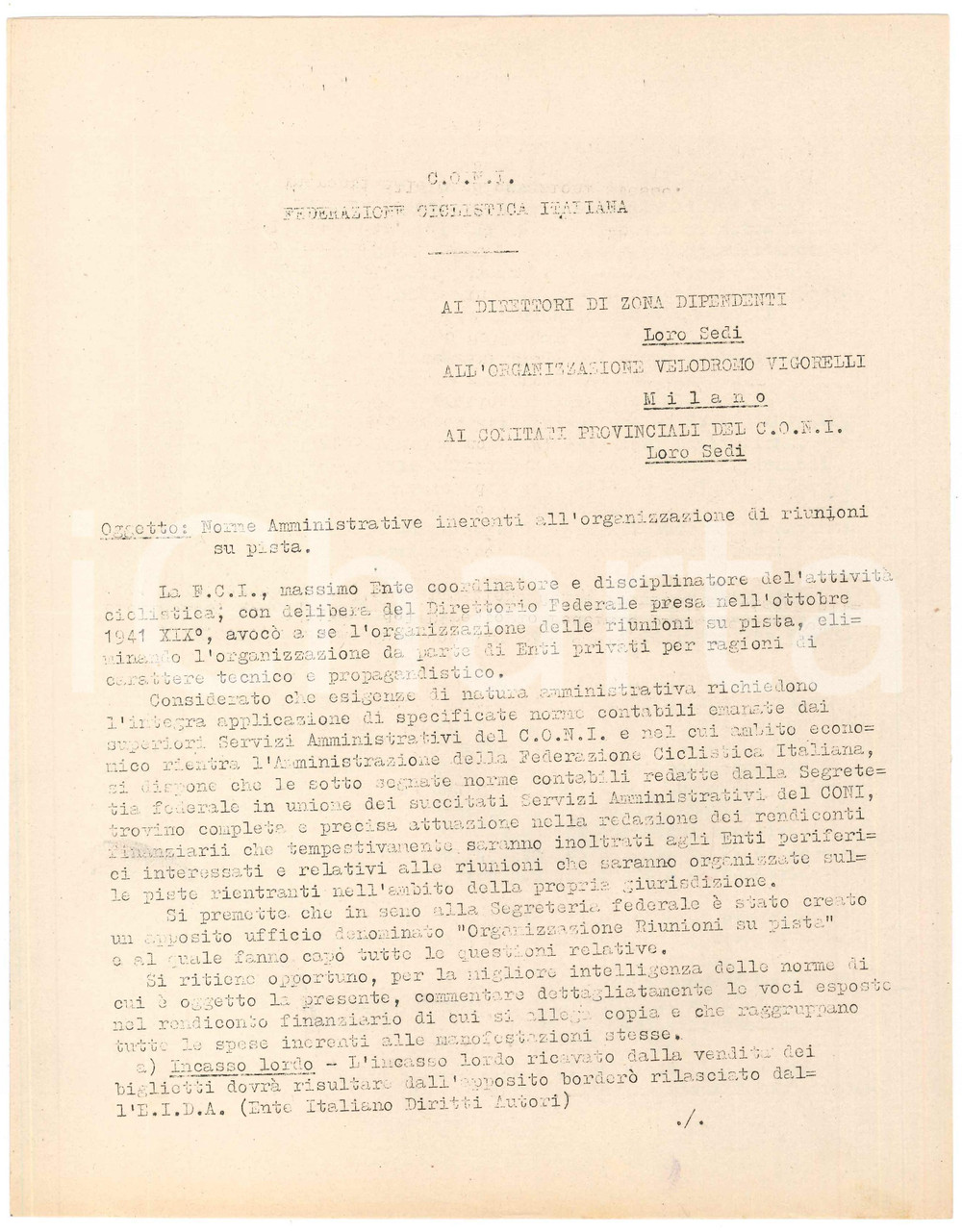 Documento originale, autentico 1940 ca CONI CICLISMO Norme per organizzazione riunioni su pista  Comunicato 1